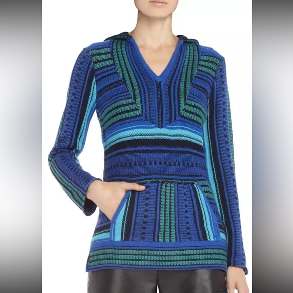 Bcbg Maxazria Blanket Hoodie Pullover Sweater Wool Blend Blue Black XS $298 - Picture 1 of 7